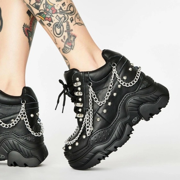 Anthony Wang Shoes - Antony wang Chunky Black Platform Sneakers with Silver Chain & Stud Details